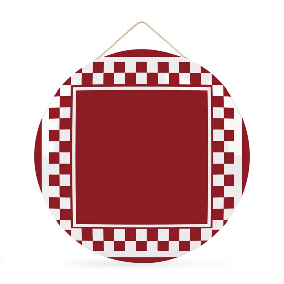 Welcome Sign for Front Door, Red Geometric Round Metal Wall Art Wreaths, Modern Abstract Art Plaid Gingham Outdoor Indoor Wall Hanging Sign for Porch Decor Housewarming Gifts 11.8 Inch