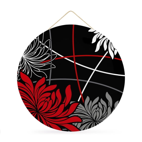Welcome Sign for Front Door, Red Grey Daisy Round Metal Wall Art Wreaths, Country Botanical Flowers Stripes Lines Outdoor Indoor Wall Hanging Sign for Porch Decor Housewarming Gifts 11.8 Inch
