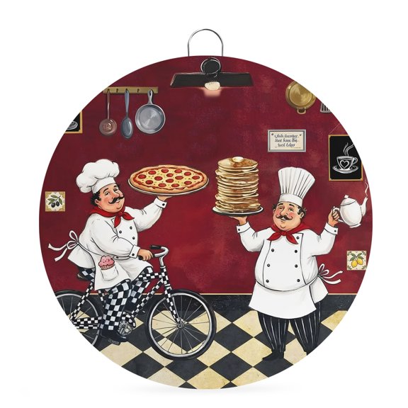 Welcome Sign for Front Door,Red Kitchen Chef Round Metal Welcome Front Porch Decoration,Retro Farmhouse Pizza Cooking Checkered Wall Hanging Sign for Living Room Kitchen Hallway Housewarming Gift 6''