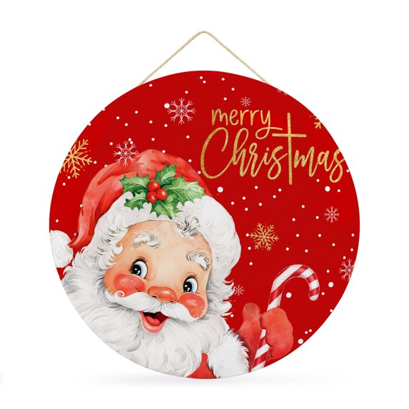 Welcome Sign for Front Door, Red Santa Christmas Round Metal Welcome Front Porch Decoration, Xmas Snowflake Entryway Wall Hanging Sign for Living Room Kitchen Hallway Housewarming Gift 12''