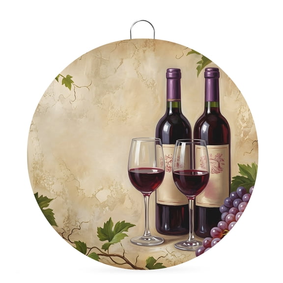 Welcome Sign for Front Door, Red Wine Round Metal Wall Art Wreaths, Grapes Rustic Bottles Farmhouse Italian Manor Outdoor Indoor Wall Hanging Sign for Porch Decor Housewarming Gifts 5.9 Inch