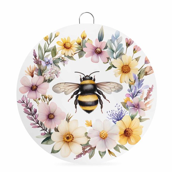 Welcome Sign for Front Door, Rustic Bee Garland Round Metal Welcome Front Porch Decoration, Spring Floral Watercolor Entryway Wall Hanging Sign for Living Room Kitchen Hallway Housewarming Gift 6''