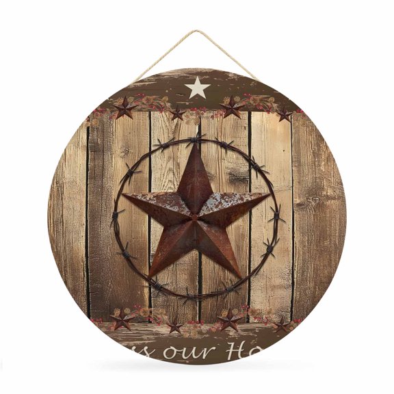 Welcome Sign for Front Door,Rustic Country Round Metal Welcome Front Porch Decoration,Western Stars Brown Texture Wooden Print Wall Hanging Sign for Living Room Kitchen Hallway Housewarming Gift 12''