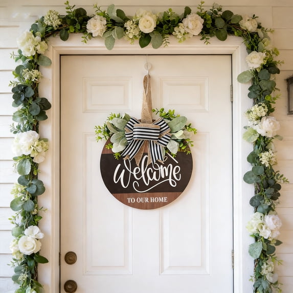 Welcome Sign for Front Door, Rustic Round Wood Wreaths Wall Hanging Outdoor Decor, Porch Fence Decorations Hanging Gift for Home Outdoor for Spring Summer Fall All Seasons Holiday