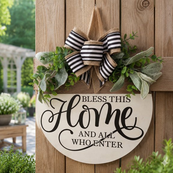 Welcome Sign for Front Door, Rustic Wood Wall Hanging Decor, Round Porch Decoration with Bless This Home Design for Entryway Outdoor Home Spring Summer Fall
