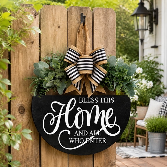 Welcome Sign for Front Door, Rustic Wood Wall Hanging Decor, Round Porch Decoration with Bless This Home Design for Entryway Outdoor Home Spring Summer Fall
