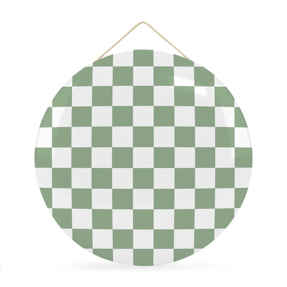 Welcome Sign for Front Door, Sage Green Checkered Round Metal Wall Art Wreaths, Geometric Green Buffalo Plaid Outdoor Indoor Wall Hanging Sign for Porch Decor Housewarming Gifts 11.8 Inch