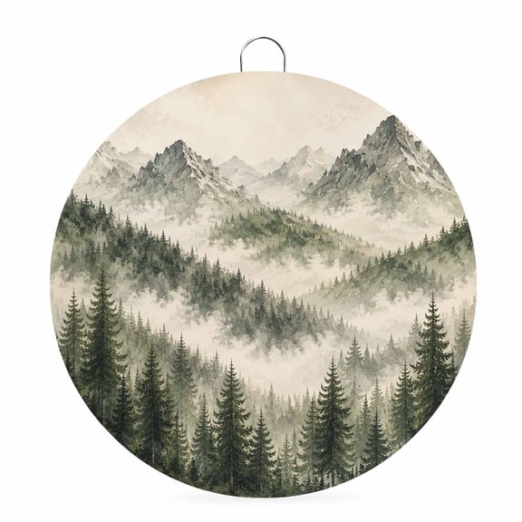 Welcome Sign for Front Door, Sage Green Forest Mountain Round Metal Wall Art Wreaths, Pine Trees Artwork Serene Outdoor Indoor Wall Hanging Sign for Porch Decor Housewarming Gifts 5.9 Inch