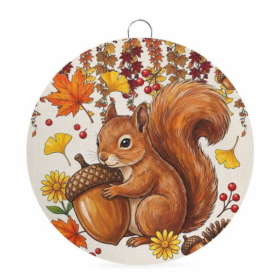 Welcome Sign for Front Door, Squirrel Thanksgiving Round Metal Wall Art Wreaths, Fall Leaves Pine Cones Rustic Outdoor Indoor Wall Hanging Sign for Porch Decor Housewarming Gifts 5.9 Inch