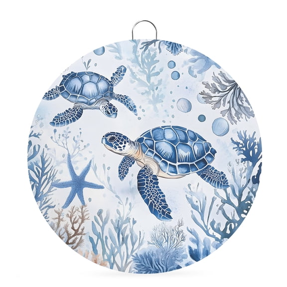 Welcome Sign for Front Door,Summer Beach Coastal Round Metal Welcome Front Porch Decoration,Sea Turtle Coral Nautical Entryway Wall Hanging Sign for Living Room Kitchen Hallway Housewarming Gift 6''