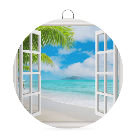 Welcome Sign for Front Door, Summer Beach Round Metal Wall Art Wreaths, Turquoise Window Seascape Seaside Palm Tree Outdoor Indoor Wall Hanging Sign for Porch Decor Housewarming Gifts 5.9 Inch