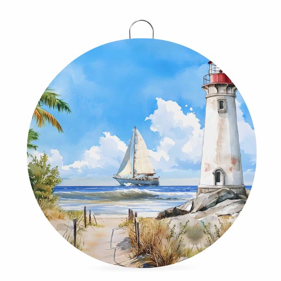 Welcome Sign for Front Door,Summer Beach Round Metal Welcome Front Porch Decoration,Retro Lighthouse Sailing Nautical Entryway Wall Hanging Sign for Living Room Kitchen Hallway Housewarming Gift 6''