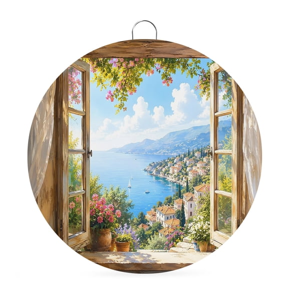 Welcome Sign for Front Door, Summer Coastal Island Round Metal Wall Art Wreaths, Farmhouse Windows Rustic Floral Outdoor Indoor Wall Hanging Sign for Porch Decor Housewarming Gifts 7.9 Inch