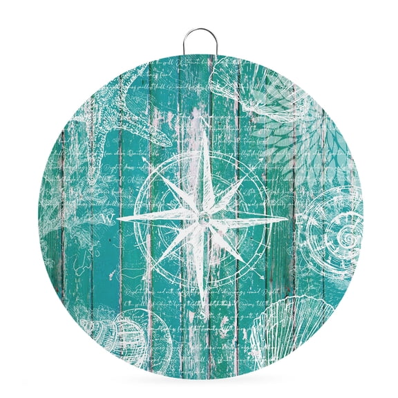 Welcome Sign for Front Door,Summer Coastal Round Metal Welcome Front Porch Decor,Ocean Compass Starfish Shell Conch Blue Green Wall Hanging Sign for Living Room Kitchen Hallway Housewarming Gift 6''