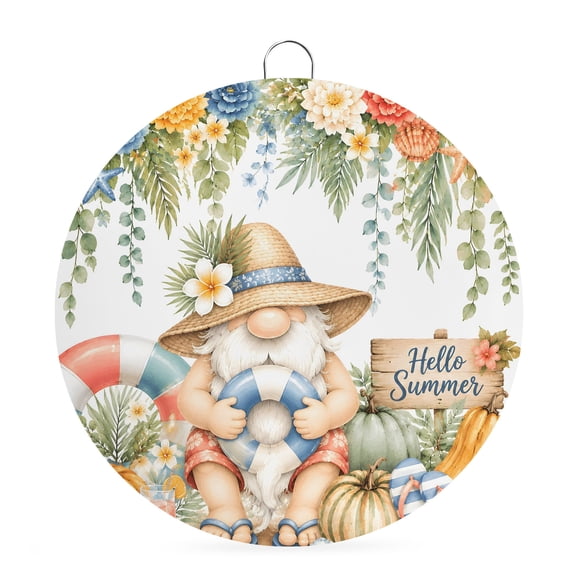 Welcome Sign for Front Door, Summer Gnomes Round Metal Wall Art Wreaths, Ocean Beach Pumpkins Flowers Leaves Outdoor Indoor Wall Hanging Sign for Porch Decor Housewarming Gifts 7.9 Inch