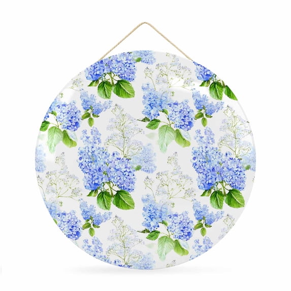 Welcome Sign for Front Door,Summer Hydrangeas Round Metal Welcome Front Porch Decoration,White Blue Flowers Pastoral Leaves Wall Hanging Sign for Living Room Kitchen Hallway Housewarming Gift 12''