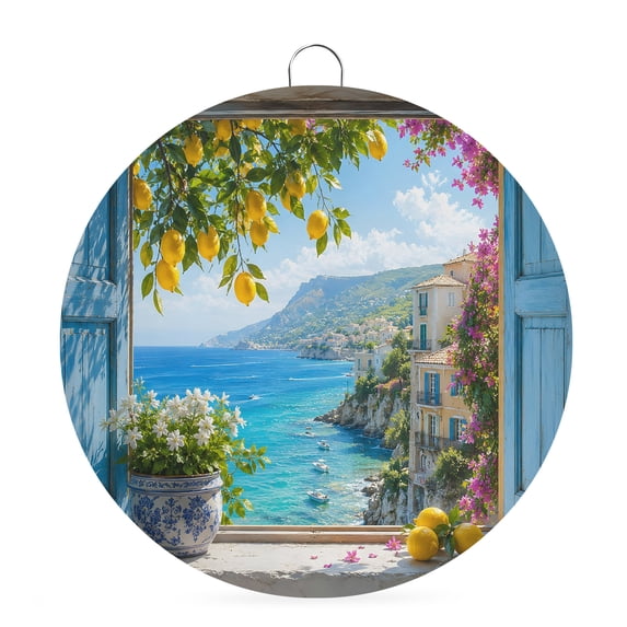 Welcome Sign for Front Door, Summer Island Round Metal Wall Art Wreaths, Coastal Beach Mediterranean Lemon Country Outdoor Indoor Wall Hanging Sign for Porch Decor Housewarming Gifts 7.9 Inch