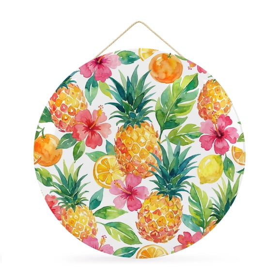 Welcome Sign for Front Door,Summer Pineapple Round Metal Welcome Front Porch Decoration,Tropical Fruits Lemon Watercolor Wall Hanging Sign for Living Room Kitchen Hallway Housewarming Gift 12''