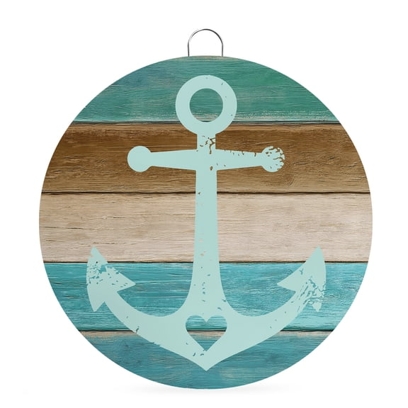 Welcome Sign for Front Door, Teal Blue Brown Anchor Round Metal Wall Art Wreaths, Vintage Nautical Coastal Ocean Wooden Outdoor Indoor Wall Hanging Sign for Porch Decor Housewarming Gifts 5.9 Inch