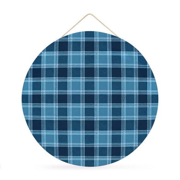 Welcome Sign for Front Door, Teal Blue Checkered Round Metal Wall Art Wreaths, Modern Farmhouse Blue Plaid Outdoor Indoor Wall Hanging Sign for Porch Decor Housewarming Gifts 11.8 Inch