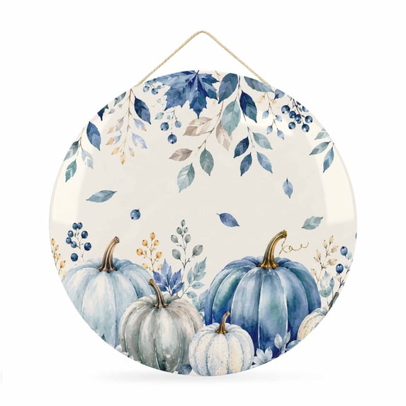Welcome Sign for Front Door, Teal Blue Pumpkins Fall Round Metal Wall Art Wreaths, Thanksgiving Weeping Floral Outdoor Indoor Wall Hanging Sign for Porch Decor Housewarming Gifts 11.8 Inch
