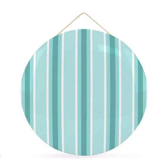Welcome Sign for Front Door, Teal Green Striped Round Metal Wall Art Wreaths, Geometric Modern Vertical Lines Abstract Outdoor Indoor Wall Hanging Sign for Porch Decor Housewarming Gifts 11.8 Inch