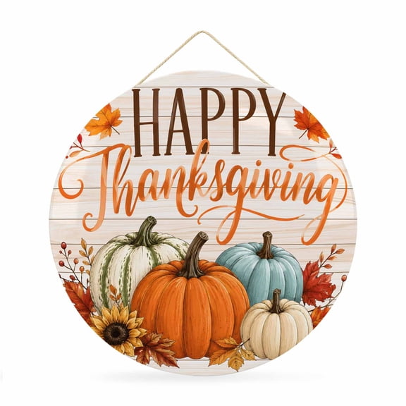 Welcome Sign for Front Door, Teal Orange Pumpkins Fall Round Metal Wall Art Wreaths, Happy Thanksgiving Maple Wood Outdoor Indoor Wall Hanging Sign for Porch Decor Housewarming Gifts 11.8 Inch