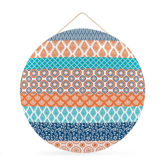 Welcome Sign for Front Door,Teal Orange Striped Round Metal Welcome Front Porch Decoration,Boho Modern Geometric Abstract Art Wall Hanging Sign for Living Room Kitchen Hallway Housewarming Gift 12''