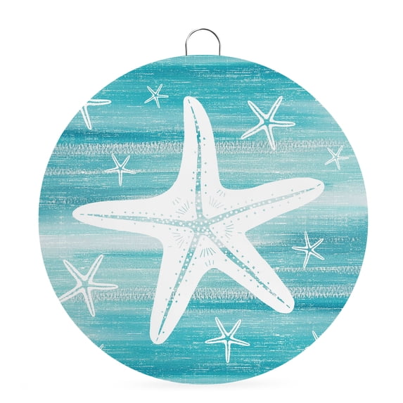 Welcome Sign for Front Door, Teal Starfish Round Metal Wall Art Wreaths, Coastal Beach Summer Ocean Nautical Turquoise Outdoor Indoor Wall Hanging Sign for Porch Decor Housewarming Gifts 5.9 Inch