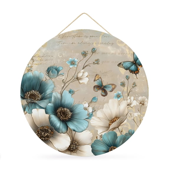 Welcome Sign for Front Door,Teal Tulip Butterfly Round Metal Welcome Front Porch Decor,Beige Turquoise Floral Vintage Rustic Wall Hanging Sign for Living Room Kitchen Hallway Housewarming Gift 12''