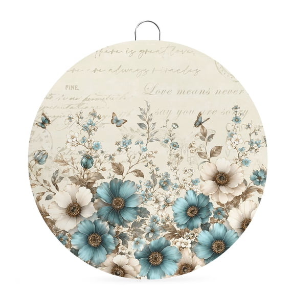 Welcome Sign for Front Door, Teal Tulips Round Metal Wall Art Wreaths, Farmhouse Elegant Floral Beige Outdoor Indoor Wall Hanging Sign for Porch Decor Housewarming Gifts 5.9 Inch
