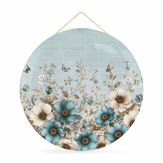 Welcome Sign for Front Door, Teal Tulips Spring Round Metal Wall Art Wreaths, Butterflies Blue Garden Floral Outdoor Indoor Wall Hanging Sign for Porch Decor Housewarming Gifts 11.8 Inch