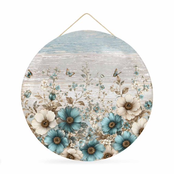 Welcome Sign for Front Door, Teal Tulips Spring Round Metal Wall Art Wreaths, Garden Floral Butterflies Blue Grey Outdoor Indoor Wall Hanging Sign for Porch Decor Housewarming Gifts 11.8 Inch