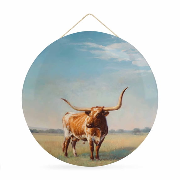 Welcome Sign for Front Door,Texas Longhorn Round Metal Welcome Front Porch Decor,Grassland Sunset Farmhouse Natural Landscape Wall Hanging Sign for Living Room Kitchen Hallway Housewarming Gift 12''