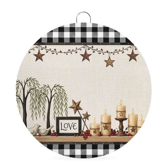 Welcome Sign for Front Door, Texas Star Beige Round Metal Wall Art Wreaths, Country Candles Birds Berry Tree Plaid Outdoor Indoor Wall Hanging Sign for Porch Decor Housewarming Gifts 7.9 Inch