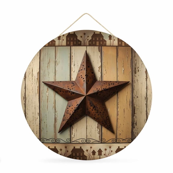 Welcome Sign for Front Door, Texas Star Brown Round Metal Wall Art Wreaths, Farmhouse Vintage Wooden Grain House Outdoor Indoor Wall Hanging Sign for Porch Decor Housewarming Gifts 11.8 Inch