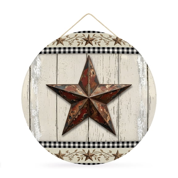 Welcome Sign for Front Door, Texas Star Brown Round Metal Wall Art Wreaths, Vintage Plants Vines Wooden Plank Outdoor Indoor Wall Hanging Sign for Porch Decor Housewarming Gifts 11.8 Inch