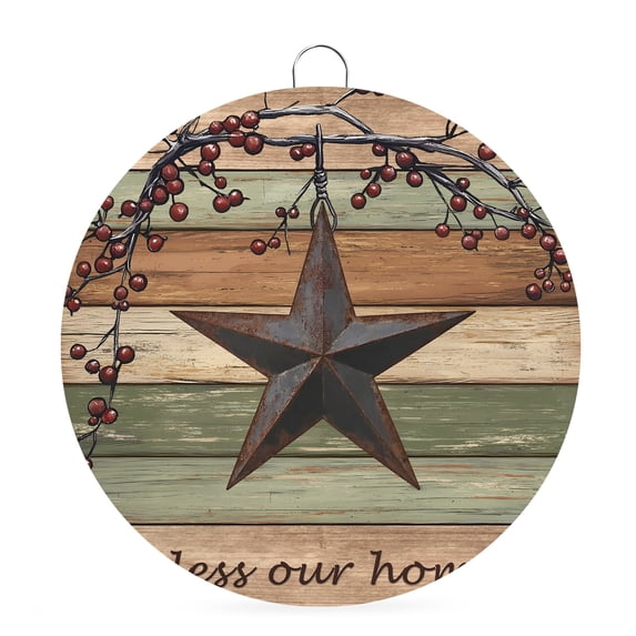 Welcome Sign for Front Door,Texas Star Vintage Round Metal Welcome Front Porch Decoration,Berry Sage Green Brown Wooden Wall Hanging Sign for Living Room Kitchen Hallway Housewarming Gift 6''