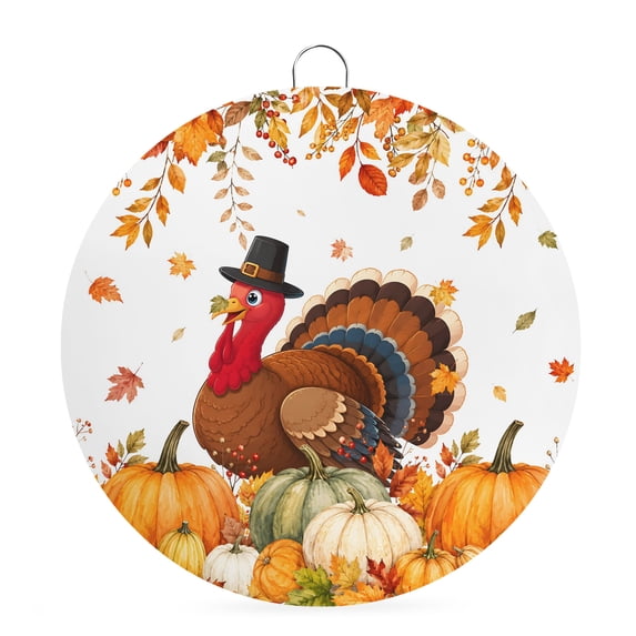 Welcome Sign for Front Door, Thanksgiving Fall Round Metal Wall Art Wreaths, Autumn Turkey Pumpkin Maple Leaves Outdoor Indoor Wall Hanging Sign for Porch Decor Housewarming Gifts 5.9 Inch