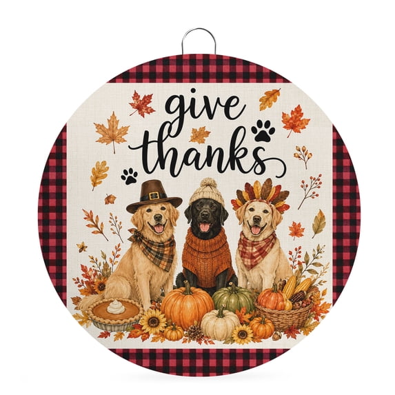 Welcome Sign for Front Door, Thanksgiving Fall Round Metal Wall Art Wreaths, Pumpkin Dogs Maple Leaves Plaid Outdoor Indoor Wall Hanging Sign for Porch Decor Housewarming Gifts 7.9 Inch