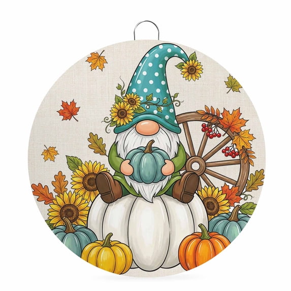 Welcome Sign for Front Door, Thanksgiving Pumpkin Round Metal Wall Art Wreaths, Fall Maple Gnomes Cartoon Art Beige Outdoor Indoor Wall Hanging Sign for Porch Decor Housewarming Gifts 5.9 Inch