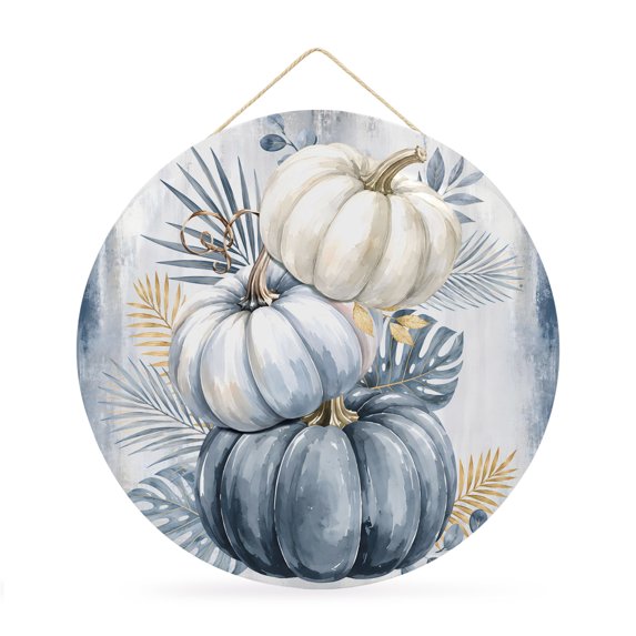 Welcome Sign for Front Door, Thanksgiving Pumpkins Round Metal Wall Art Wreaths, Fall Farmhouse Tropical Botancial Blue Outdoor Indoor Wall Hanging Sign for Porch Decor Housewarming Gifts 11.8 Inch