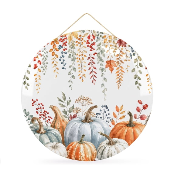 Welcome Sign for Front Door, Thanksgiving Pumpkins Round Metal Wall Art Wreaths, Fall Maple Leaf Harvest Autumn Outdoor Indoor Wall Hanging Sign for Porch Decor Housewarming Gifts 11.8 Inch