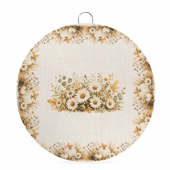 Welcome Sign for Front Door, Thanksgiving Round Metal Wall Art Wreaths, Beige Fall White Pumpkin Daisy Cones Leaves Outdoor Indoor Wall Hanging Sign for Porch Decor Housewarming Gifts 7.9 Inch