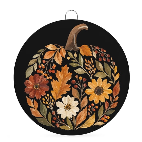 Welcome Sign for Front Door, Thanksgiving Round Metal Wall Art Wreaths, Fall Abstract Leaves Pumpkin Autumn Black Outdoor Indoor Wall Hanging Sign for Porch Decor Housewarming Gifts 7.9 Inch