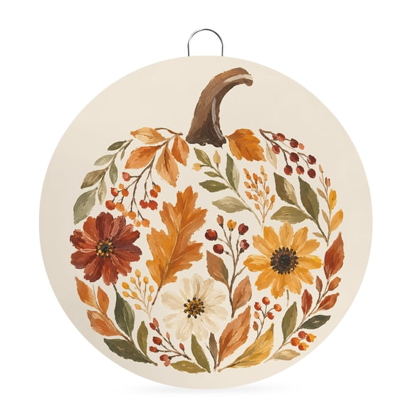 Welcome Sign for Front Door, Thanksgiving Round Metal Wall Art Wreaths, Fall Abstract Leaves Pumpkin Autumn Rustic Outdoor Indoor Wall Hanging Sign for Porch Decor Housewarming Gifts 5.9 Inch