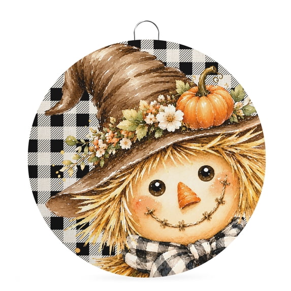Welcome Sign for Front Door, Thanksgiving Round Metal Wall Art Wreaths, Fall Harvest Scarecrows Pumpkin Plaid Outdoor Indoor Wall Hanging Sign for Porch Decor Housewarming Gifts 5.9 Inch