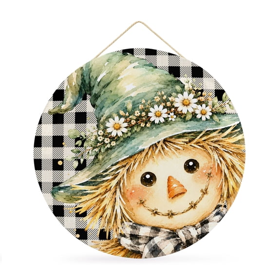 Welcome Sign for Front Door, Thanksgiving Round Metal Wall Art Wreaths, Fall Scarecrows Pumpkin Daisy Buffalo Plaid Outdoor Indoor Wall Hanging Sign for Porch Decor Housewarming Gifts 11.8 Inch