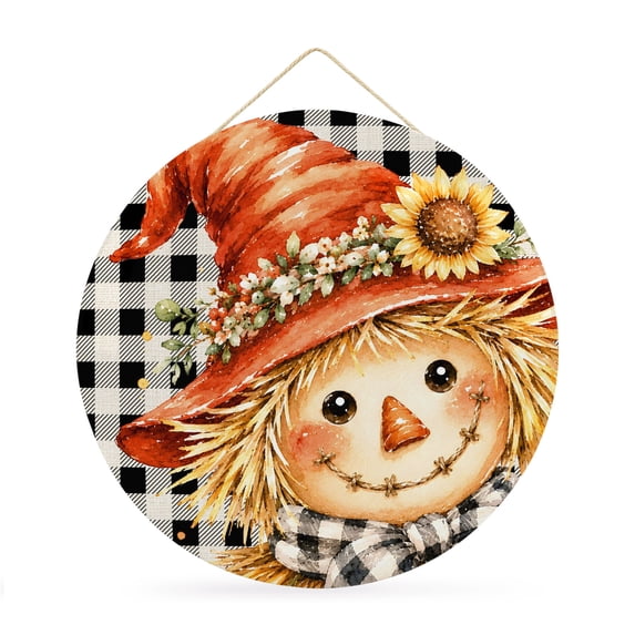 Welcome Sign for Front Door, Thanksgiving Round Metal Wall Art Wreaths, Fall Scarecrows Sunflowers Black Check Outdoor Indoor Wall Hanging Sign for Porch Decor Housewarming Gifts 11.8 Inch