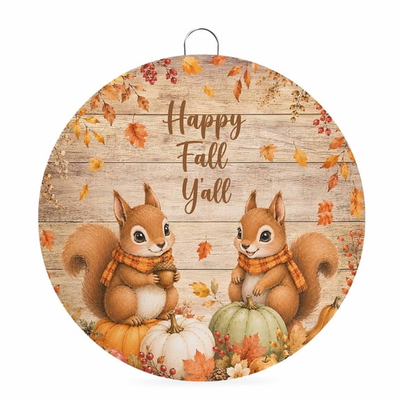 Welcome Sign for Front Door, Thanksgiving Round Metal Wall Art Wreaths, Fall Squirrel Pumpkins Fall Leaves Wooden Outdoor Indoor Wall Hanging Sign for Porch Decor Housewarming Gifts 5.9 Inch